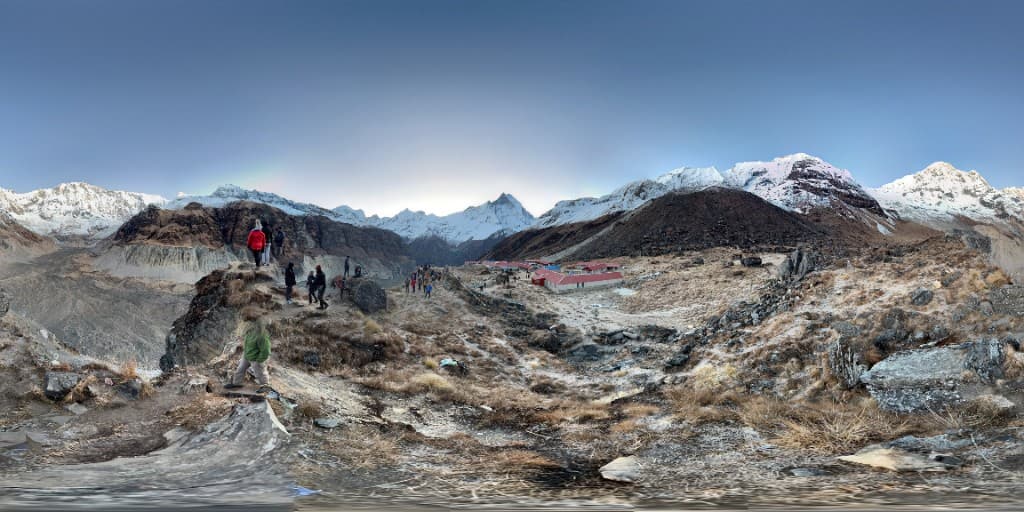 Panoramic view of Annapurna Base Camp lodges in a high Himalayan amphitheatre