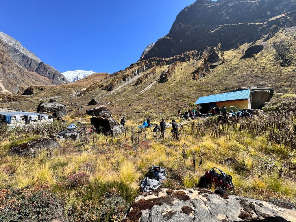 High campsite in the mountain valley on the North ABC trek