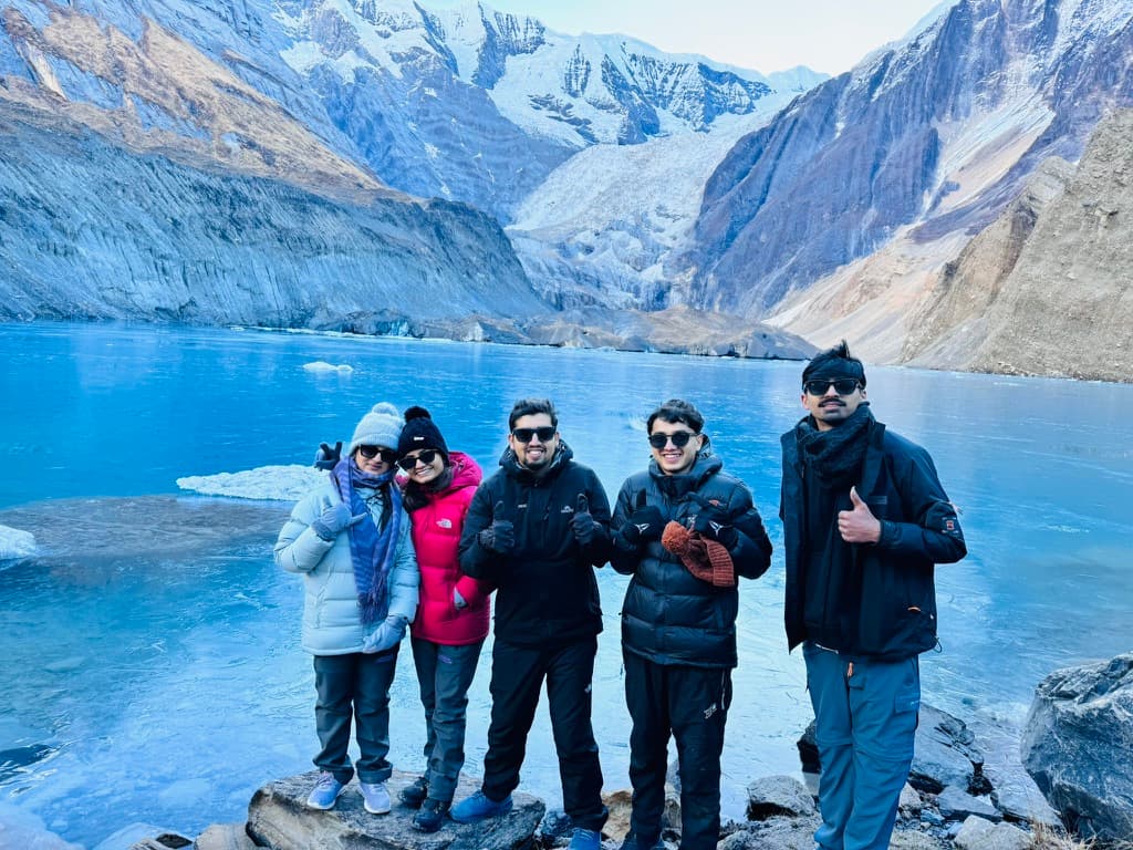 Friends at Pancha Kunda Lake with Annapurna massif behind