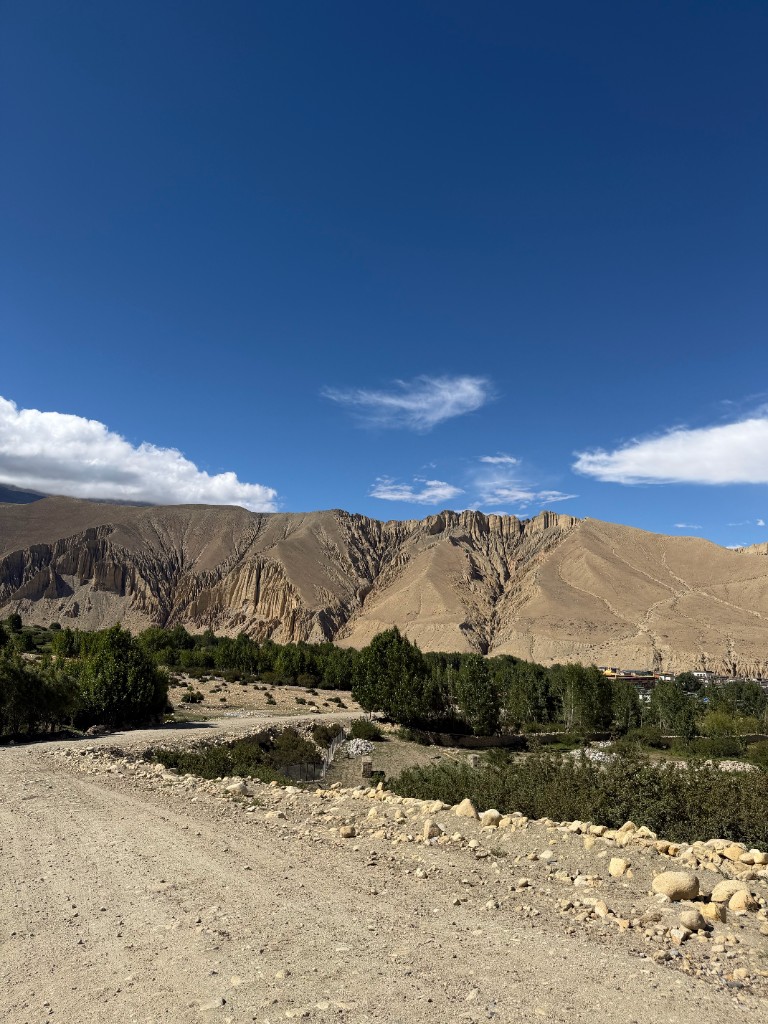 Unpaved Upper Mustang road leading toward a green valley settlement