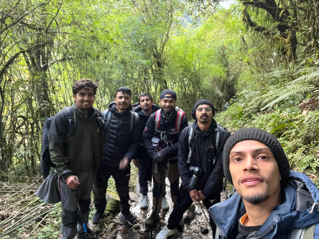 Six friends on a forest trail during the Annapurna Base Camp trek