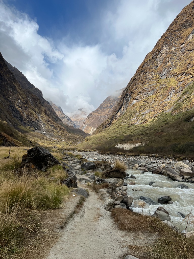 Dirt trail beside the Modi Khola river on the Annapurna Base Camp trekking route
